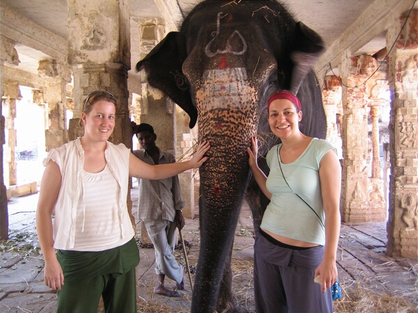 Girls with a temple elephant in Hampi